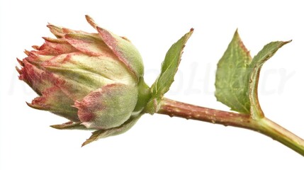 Close-up view of pink-tipped flower bud with green leaves on a white backdrop