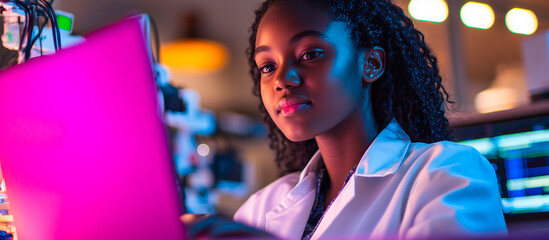 A young woman engineer programming in a modern robotics lab