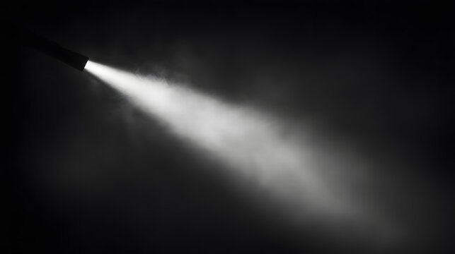 
Foggy Beam &ndash; A flashlight beam piercing through fog on a black background, glowing with a soft, diffused light