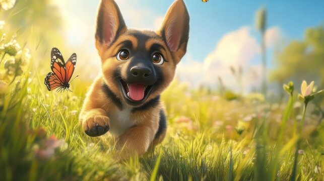 Cute German Shepherd puppy running in a field of flowers, with a butterfly