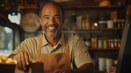 Close-up of a smiling cashier behind the register, warm lighting. Sharp details, inviting atmosphere.