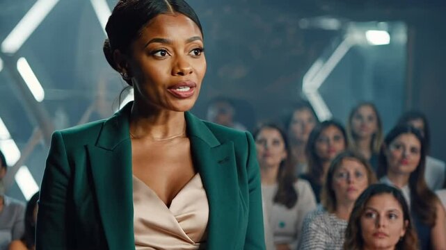Confident African American businesswoman delivering an inspiring speech in front of an attentive female audience. Concept of female empowerment and influential communication.