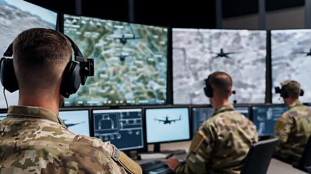 Military operators in uniform overseeing aerial drone missions from a modern surveillance facility. Concept of defense management and advanced warfare technology.