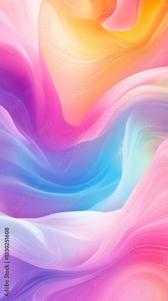 Poster Wavy, curving abstract background blending vibrant and soft color gradients, generating ethereal, dreamy visual texture