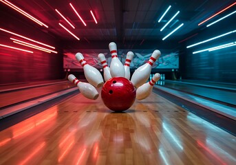 Bowling Alley Night Action: Striking Pins Under Neon Lights