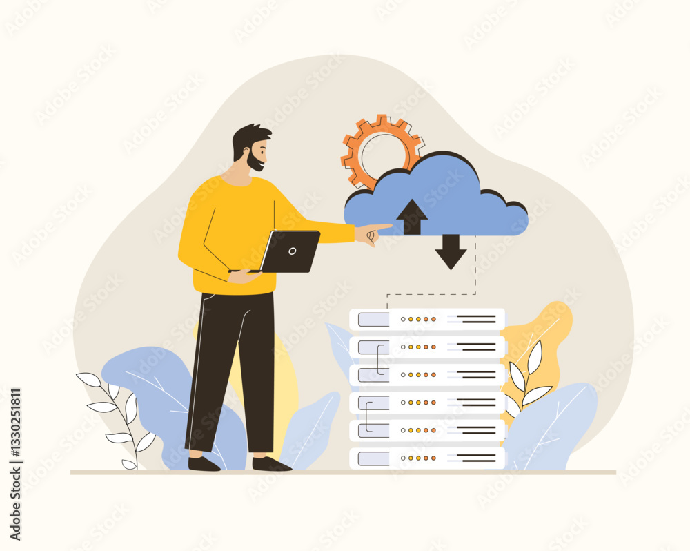 Aufkleber cloud data center. cloud storage technology. man support work of servers and hosting in hardware roo