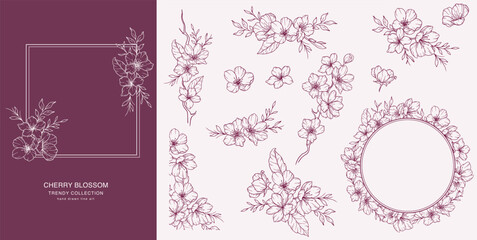 Cherry Blossom Line Art. Trendy floral branches and flowers. Botanical Line Art Sakura Collection. Hand drawn line art cherry blossom flowers. Luxury Line Floral Art. Cherry Blossom Outline