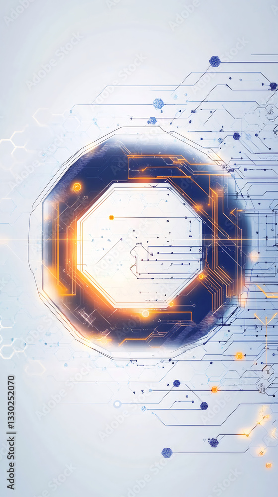 Aufkleber vibrant orange-blue circuit board forming octagonal pattern, depicting data streaming and technologi