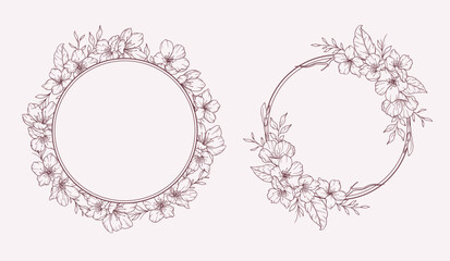 Cherry Blossom Line Art. Trendy floral branches and flowers. Botanical Line Art Sakura Collection. Hand drawn line art cherry blossom flowers. Luxury Line Floral Art. Cherry Blossom Outline