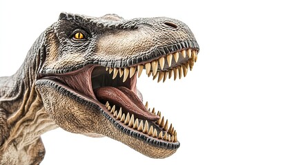 Obraz premium Closeup of a T-Rex figurine with sharp teeth and textured skin, isolated on white, showcasing primal power and intricate detail. 