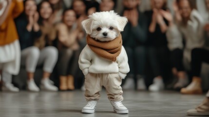 Cute dog in stylish outfit, surrounded by cheering crowd