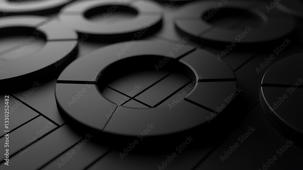 Poster symmetrical black segmented circle shapes are arranged on a surface