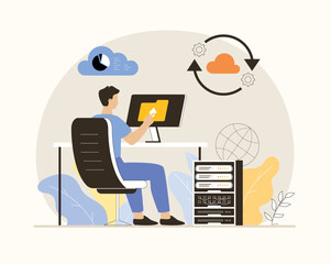 Cloud storage concept. Digital services, online technologies, servers for data, content storing, uploading. Flat vector illustration.