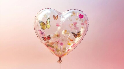 Heart-shaped balloon filled with flowers & butterflies against a pink background