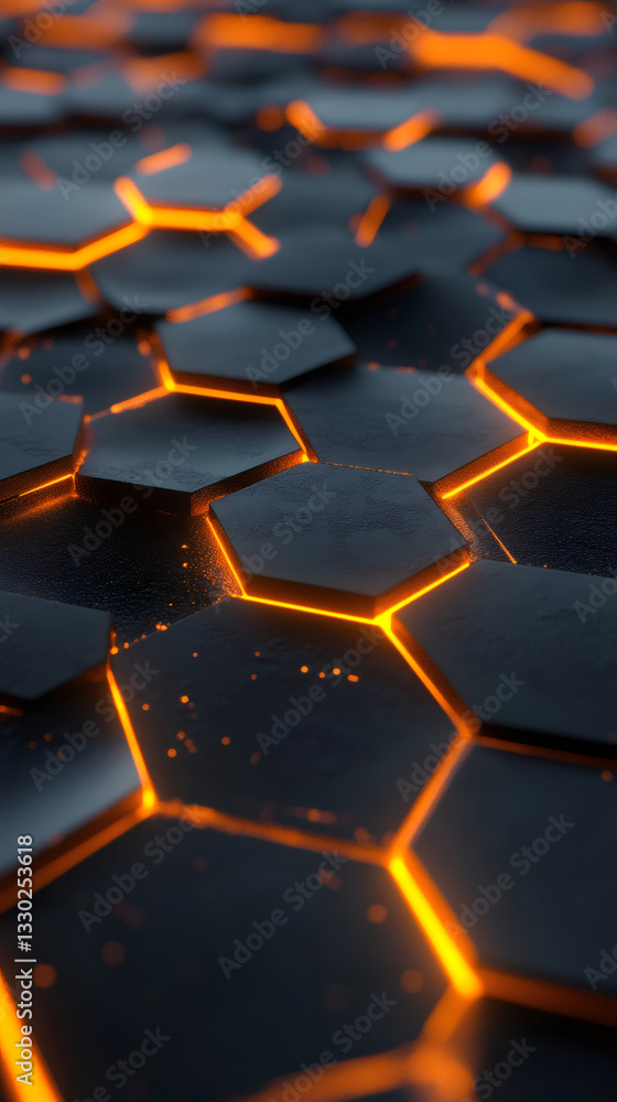 Poster 3d rendering of a futuristic black hexagonal surface glowing with orange light, forming a honeycomb structure