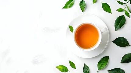 photo top view a cup of tea with leaves in white
