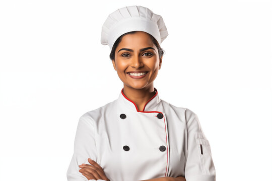 Smiling Indian women chef in white background. Showcasing passion for food, culinary skills, and vibrant flavors. Perfect for food culture. Cook recruitment. India. - Powered by Adobe