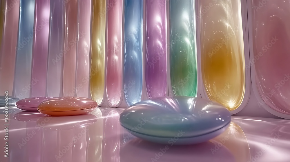 Poster rows of colorful and reflective oval shapes display a serene composition