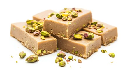 Pieces of tasty halva with pistachios on white
