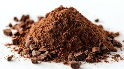 Pile cocoa powder on white background