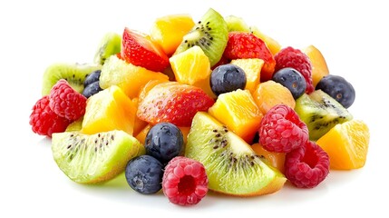 Pile of delicious fruit salad on white