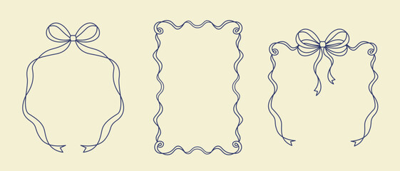 Ribbon coquette borders in a hand-drawn vintage style. A trendy and elegant ribbon and bow frame. Vector doodle elements for decorating greeting cards and invitations