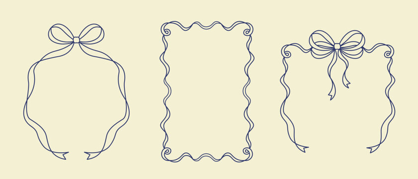 Ribbon coquette borders in a hand-drawn vintage style. A trendy and elegant ribbon and bow frame. Vector doodle elements for decorating greeting cards and invitations