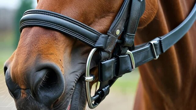 Close-up of a chestnut horse wearing a black bridle during training at a serene stable on a sunny day