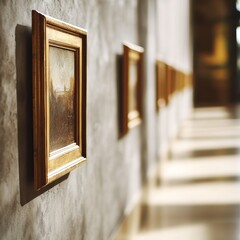 Empty hallway with a series of framed paintings on a textured concrete wall in a sunlit gallery