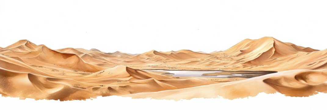 Watercolor Ubari Sand Sea Libya Desert Landscape - Serene desert oasis, undulating dunes, golden sands, tranquil water, Libyan landscape. Symbolizing peace, solitude, resilience, beauty