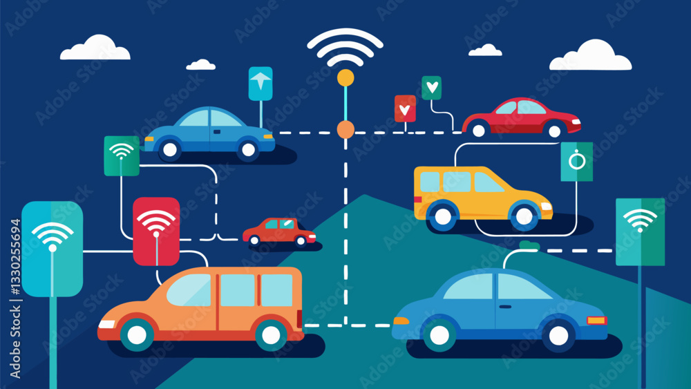 Poster connected cars exchanging traffic data with each other and road infrastructure improving navigation 