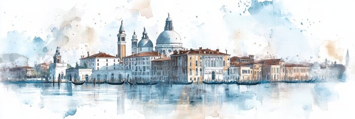 Watercolor Venice Cityscape - Serene watercolor painting of Venice, Italy. Symbolising romance, history, canals, architecture, and travel. A peaceful and picturesque view © LittleDuck