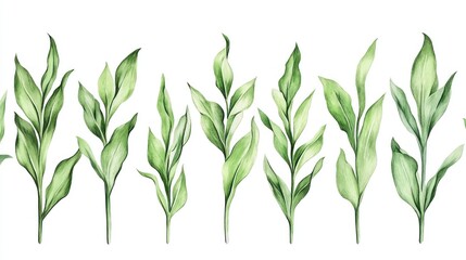 Fototapeta premium Green leaf plant stems watercolor, seamless banner on white background