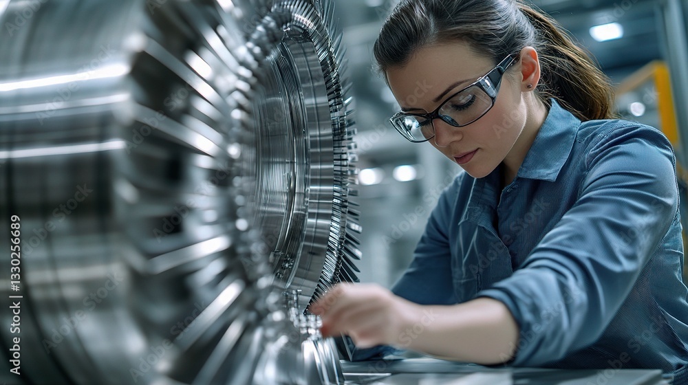 Poster innovative engineer designing a 3d turbine component in workshop