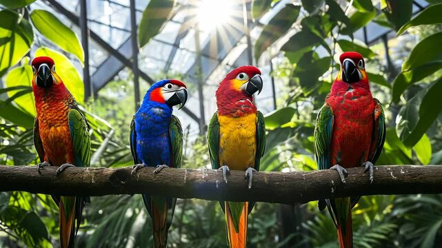 Four colorful parrots perched on a branch inside a sunny aviary habitat