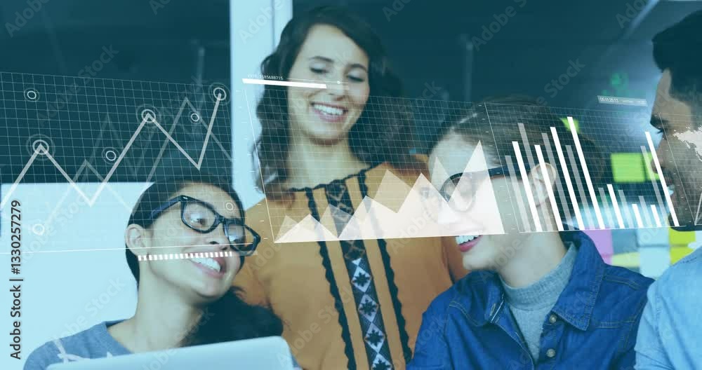 Poster smiling colleagues collaborating with data analytics animation overlay in office