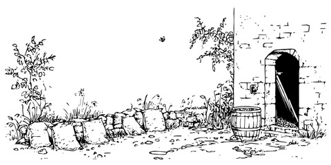 rustic courtyard sketch doodle vector illustration engraving vintage stone wall