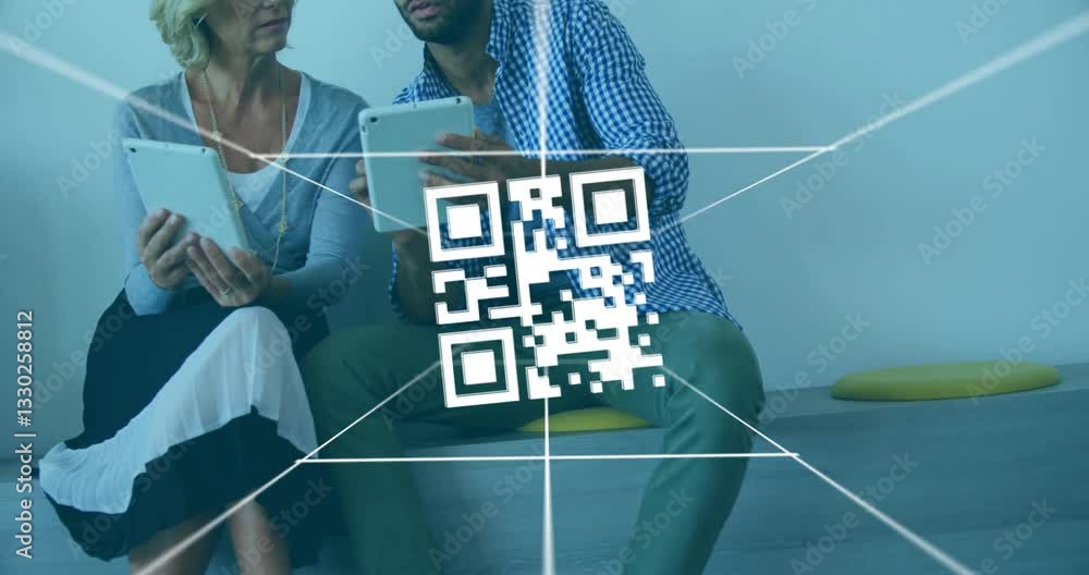 Poster qr code animation over two people discussing with tablets in modern setting