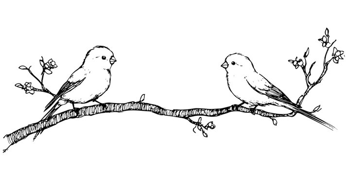 two lovebirds parakeets sitting on a branch doodle sketch vector illustration
