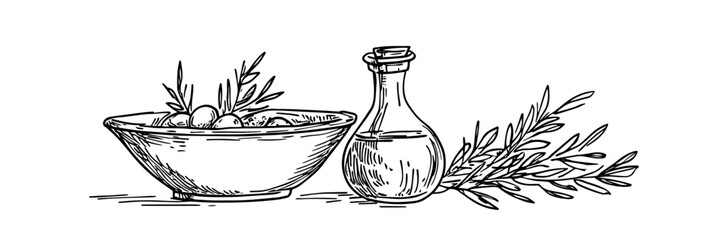 olive oil bottle and olives sketch doodle vector illustration engraving vintage mediterranean food