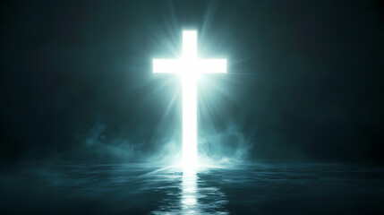 Fototapeta premium A glowing white cross emits radiant light against a dark background symbolizing hope faith and spirituality. Elysian Radiance. Illustration