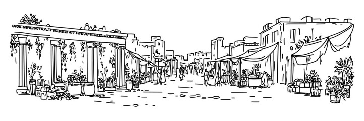 traditional market street sketch doodle vector illustration engraving vintage oriental bazaar