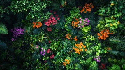 Overhead view of lush vibrant tropical garden, showcasing colorful flowers