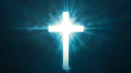 Fototapeta premium A glowing white cross emits radiant light against a dark background symbolizing hope faith and spirituality. Elysian Radiance. Illustration