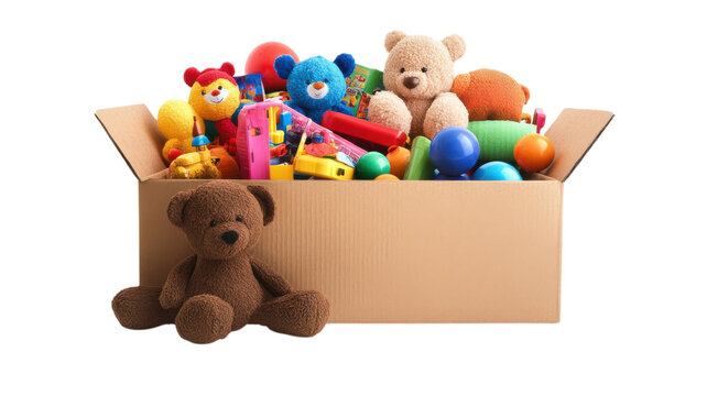 Colorful toys and plush bears arranged in a cardboard box ready for donation