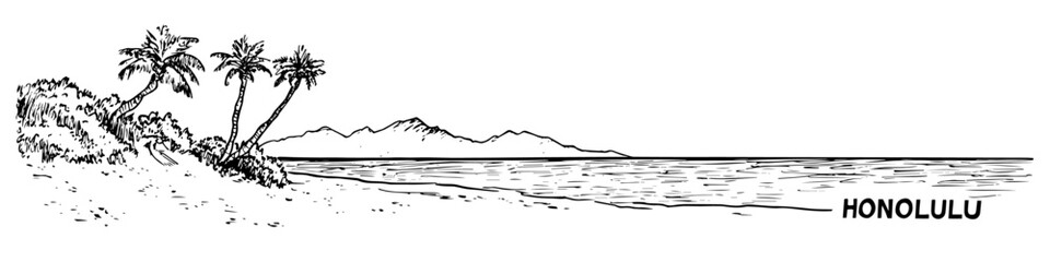 hawaiian tropical beach sketch doodle vector illustration engraving vintage honolulu coastline