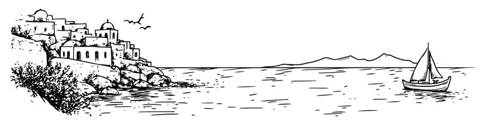 greek island seaside sketch doodle vector illustration engraving vintage santorini landscape © Kaz