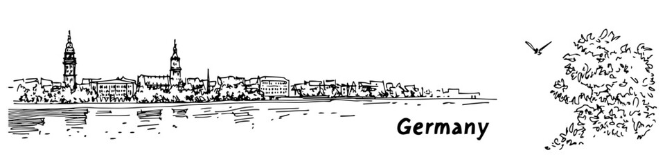 german city skyline sketch doodle vector illustration engraving vintage riverside landscape