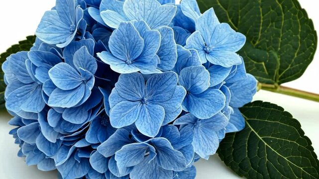Close up of beautiful blue hydrangea flower with green leaves
