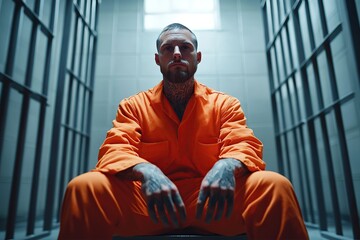 Criminal seated in solitary confinement wearing orange jumpsuit in prison cell